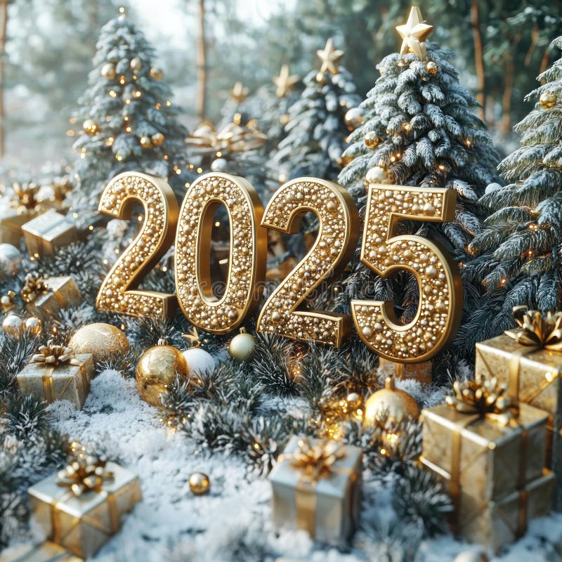 Золотой, освещенный 2025 год в заснеженном лесу с праздничными украшениями и завернутыми подарками. Генеративный ИИ иллюстрация вектора