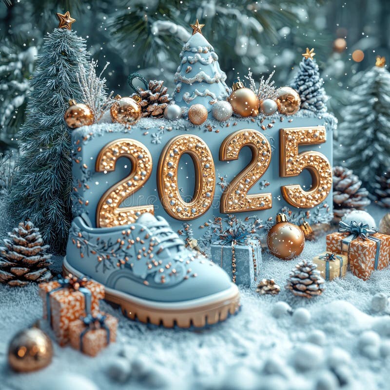 Золотое светящееся 2025 в заснеженном лесу с праздничными украшениями и завернутыми подарками Генеративный ИИ бесплатная иллюстрация