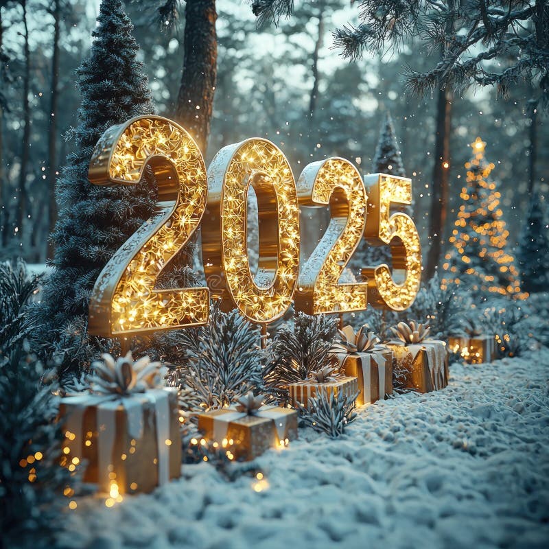 Золотое, освещённое 2025 в заснеженном лесу с праздничными украшениями и завёрнутыми подарками Генеративный ИИ иллюстрация вектора