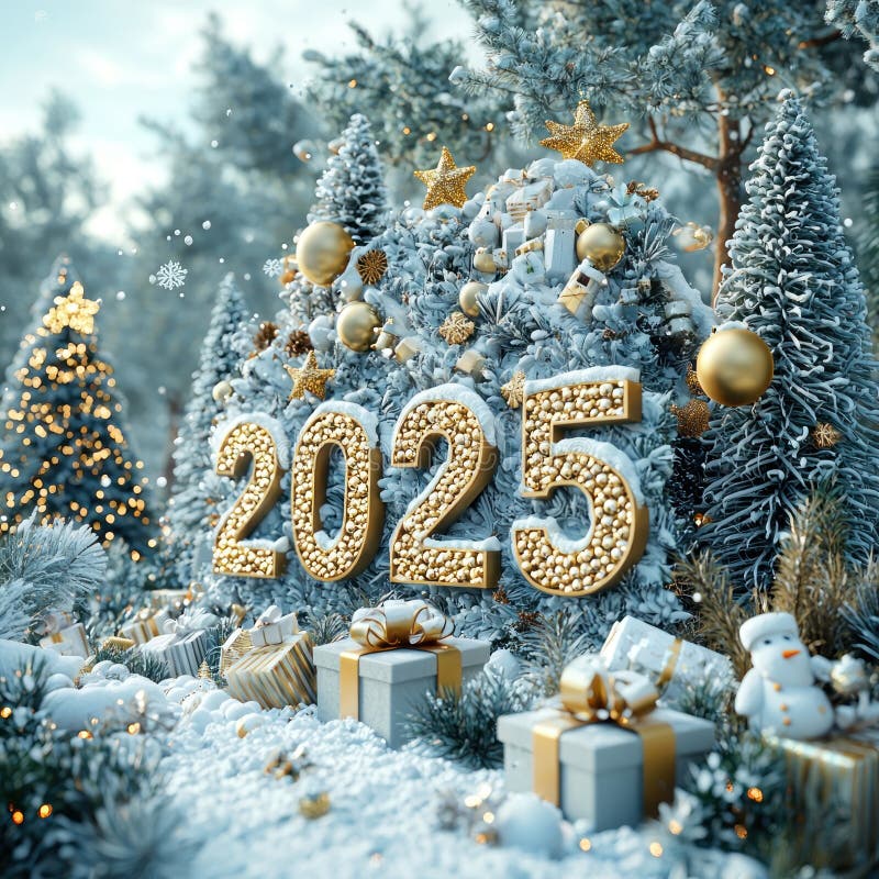 Золотое, освещённое 2025 в заснеженном лесу с праздничными украшениями и завёрнутыми подарками Генеративный ИИ бесплатная иллюстрация