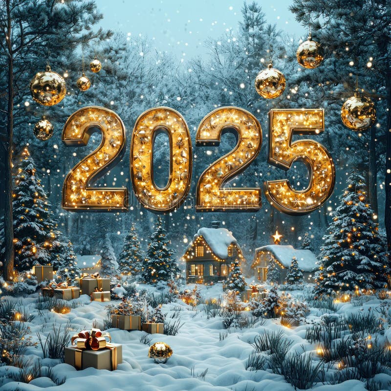 Золотой, освещенный 2025 год в заснеженном лесу с праздничными украшениями и упакованными подарками Генеративный ИИ бесплатная иллюстрация