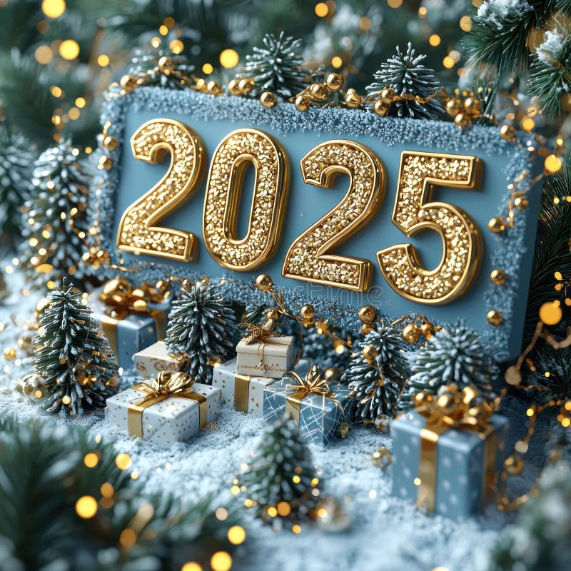 Золотое светящееся 2025 в заснеженном лесу с праздничными украшениями и завернутыми подарками Генеративный ИИ бесплатная иллюстрация