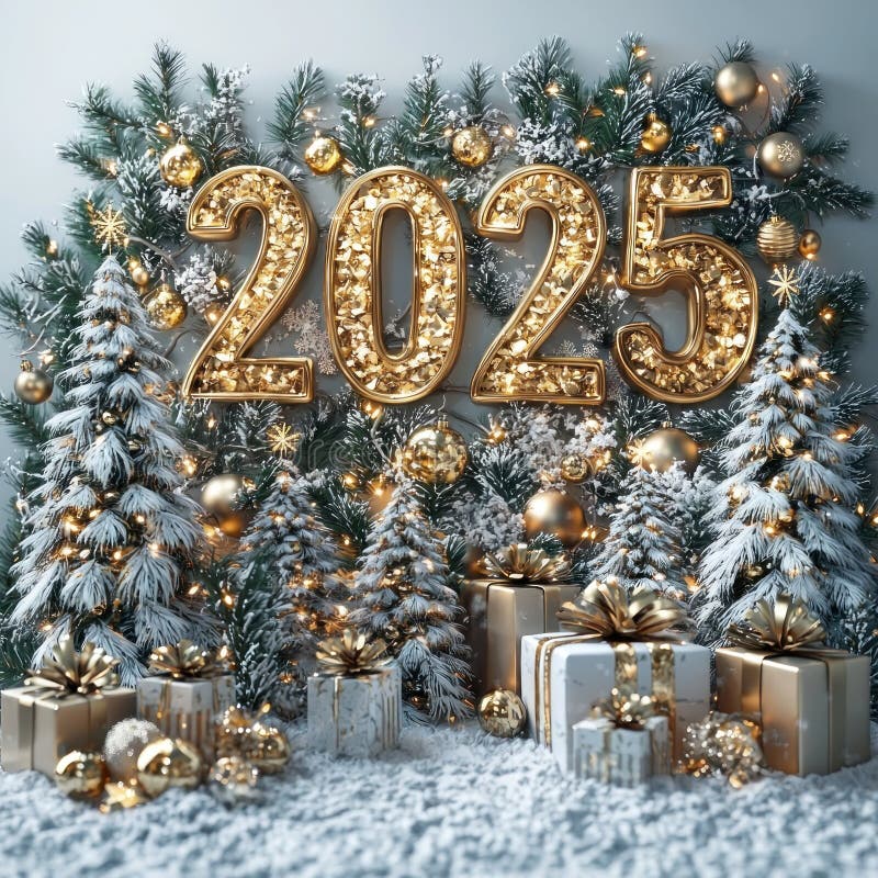 Золотое, подсвеченное изображение «2025» в заснеженном лесу, украшенном праздничными декорациями и завернутыми подарками. Генерати иллюстрация штока
