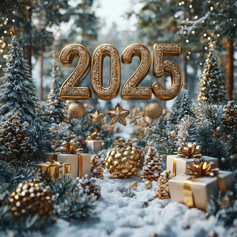 Золотое освещенное 2025 в заснеженном лесу с праздничными украшениями и завернутыми подарками, сгенерировано ИИ иллюстрация штока
