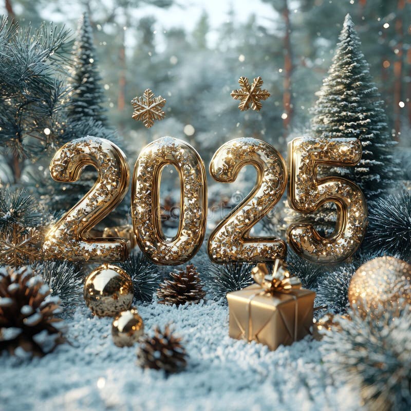 Золотое светящееся 2025 в заснеженном лесу с праздничными украшениями и упакованными подарками Генеративный ИИ бесплатная иллюстрация