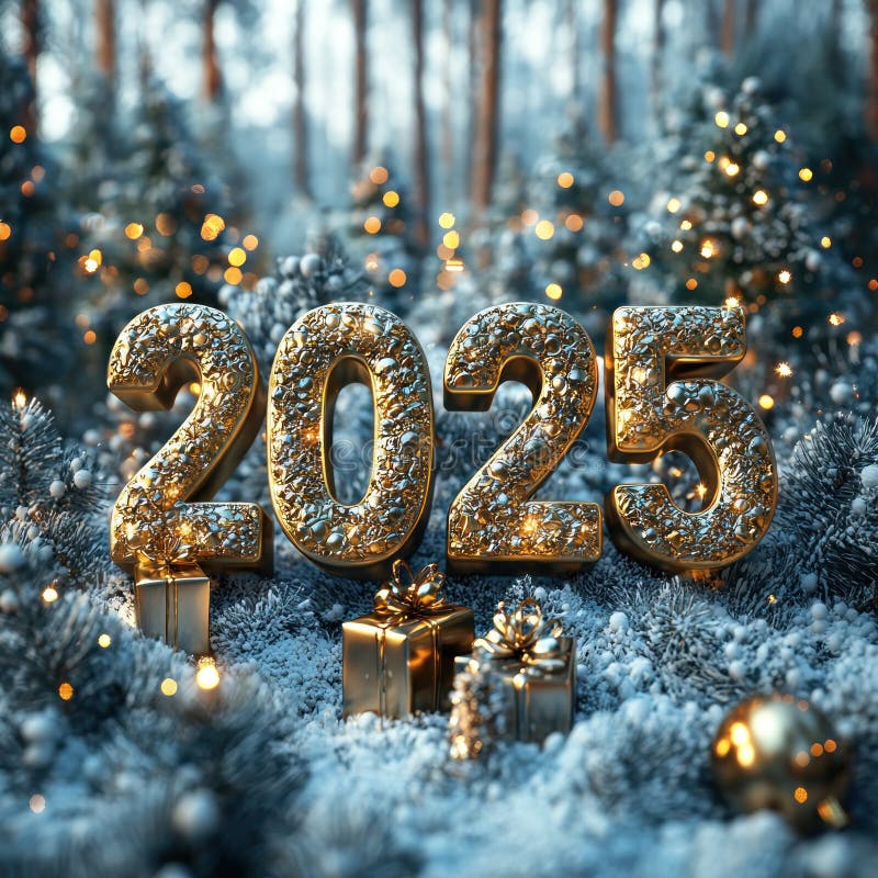Золотое, освещённое 2025 в заснеженном лесу с праздничными украшениями и завернутыми подарками. Генеративный ИИ иллюстрация вектора