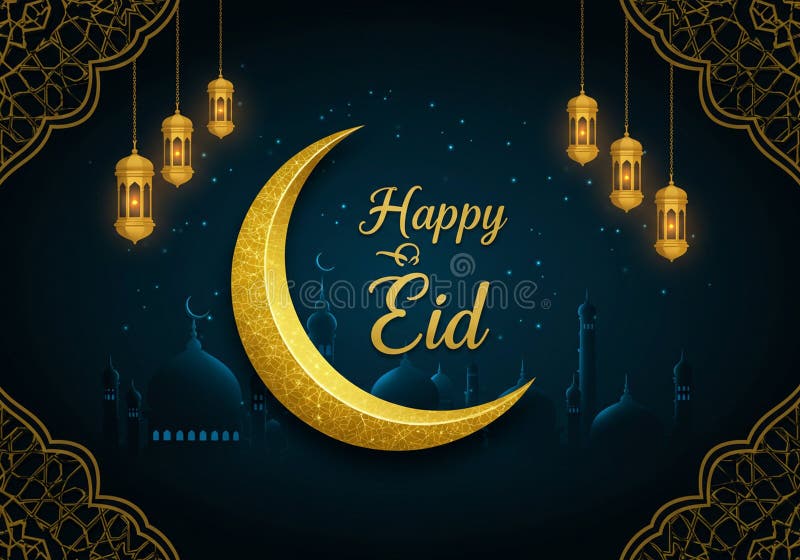 Золотая полумесяц с текстом Happy Eid на темно-синем фоне бесплатная иллюстрация