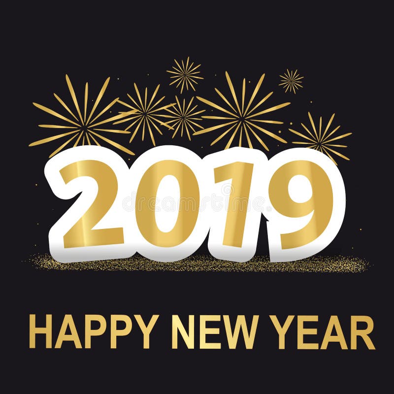 Золотая счастливая предпосылка 2019 Нового Года с фейерверками и ярким блеском - иллюстрацией вектора - изолированная на черной п иллюстрация вектора Золотая счастливая предпосылка 2019 Нового Года с фейерверками и ярким блеском - иллюстрацией вектора - изолированная на черной п иллюстрация вектора