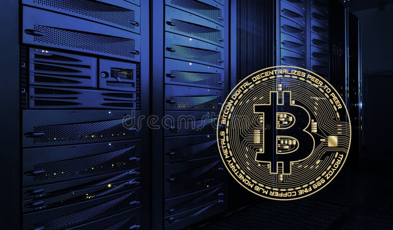Золотое bitcoin на заднем плане datacenter в темной комнате Шкафы накаляя компьютеров в перспективе Минирование Bitcoin. Детальная иллюстрация Datacenter в темной комнате Шкафы накаляя компьютеров в перспективе Ферма минирования Bitcoin Знамя для Cryptocurrency Рынка, Hosting Компании Логотип Bitcoin