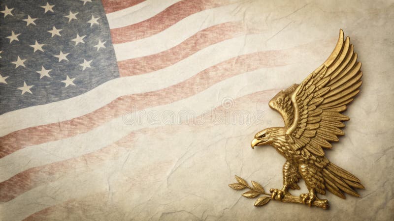 золотой значок с орлом, обрамленный американским флагом на красочном винограднике. золотой значок с орлом, обрамленный американским флагом на красочном ветхом фоне, символизирует свободу и патриотизм. а
