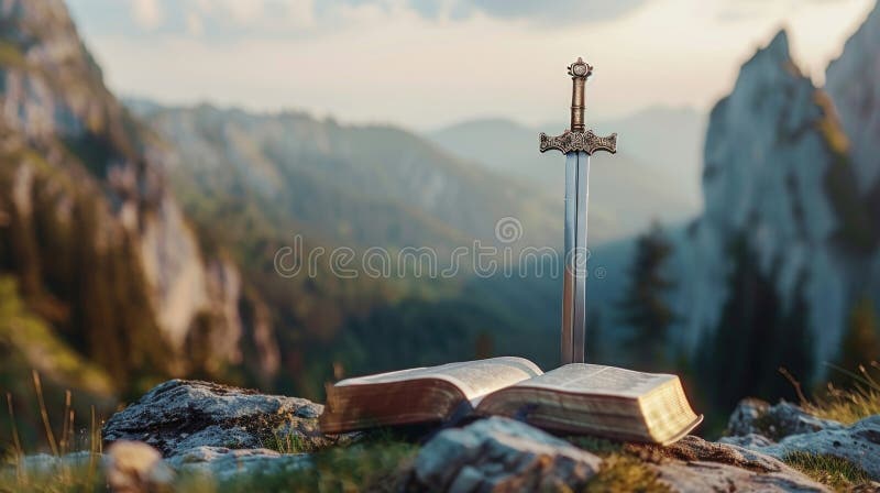 золотой меч и открытая книга библии. генератор ai иллюстрация вектора