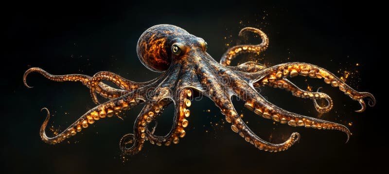Золотой осьминог 3D-рендер подводного существа с щупальцами на черном фоне. бесплатная иллюстрация