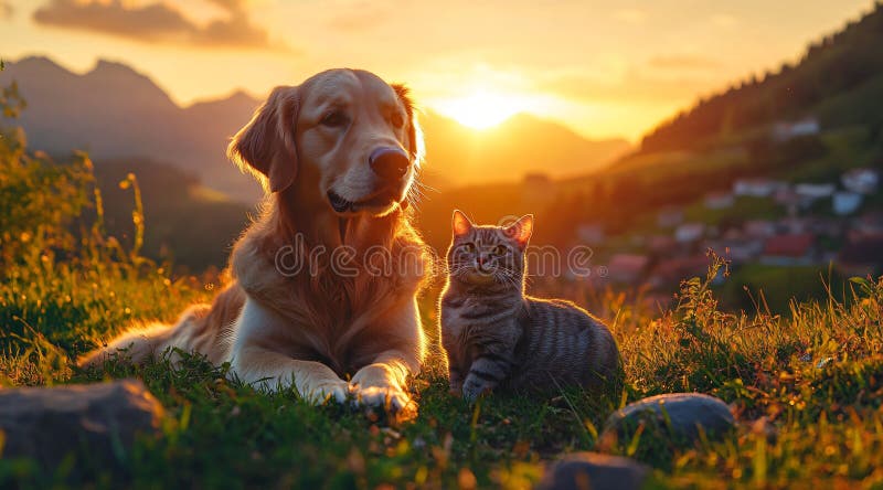Золотой ретривер и кот-табби на ИИ Sunset Idyllic Mountain View. иллюстрация штока