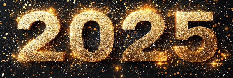 Золотые сверкающие числа 2025 года на темном фоне с искрой конфетти иллюстрация штока