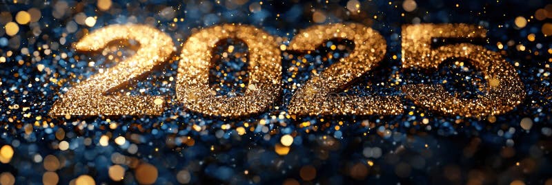 Золотые сверкающие числа 2025 года на темном фоне с искрой конфетти иллюстрация штока