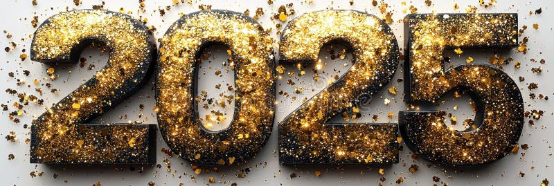Золотые числа 2025 года покрыты искрометным блеском на белом фоне иллюстрация штока