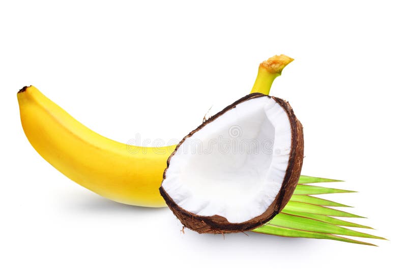 Ripe banana and coconut isolated on white background. Ripe banana and coconut isolated on white background