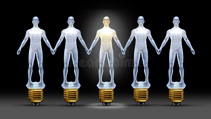 Community ideas with a group of light bulbs shaped as business people holding hands with a leader person illuminated shinning bright as a concept of creative team success through connections and networking. Community ideas with a group of light bulbs shaped as business people holding hands with a leader person illuminated shinning bright as a concept of creative team success through connections and networking.