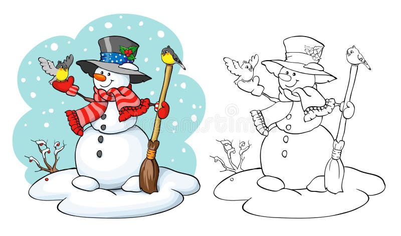 иллюстрация графика расцветки книги цветастая Милый снеговик с веником и 2 птицами