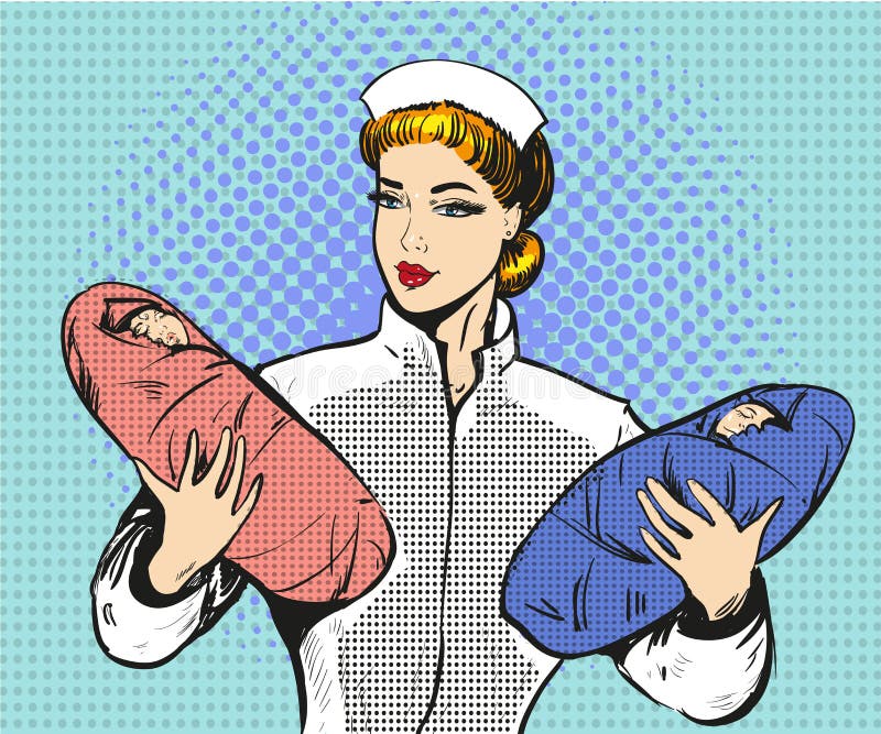 Vector illustration of maternity nurse holding twins in her hands. Midwife and two newborn babies boy and girl in retro pop art comic style. Vector illustration of maternity nurse holding twins in her hands. Midwife and two newborn babies boy and girl in retro pop art comic style.