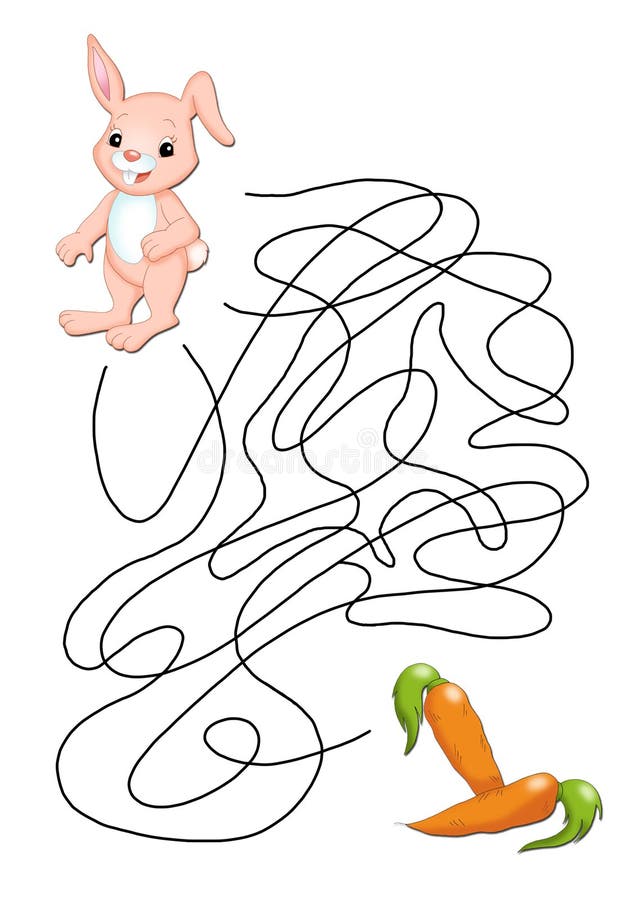 Digital illustration of a game for children. You find the correct road to let the rabbit to eat the carrots. Digital illustration of a game for children. You find the correct road to let the rabbit to eat the carrots