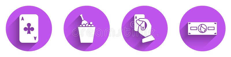 Игральная карта набора с шампанским клубов в руке заливка льда, занимающих играть в карты и значок наличных денег пачек бумаги иллюстрация вектора