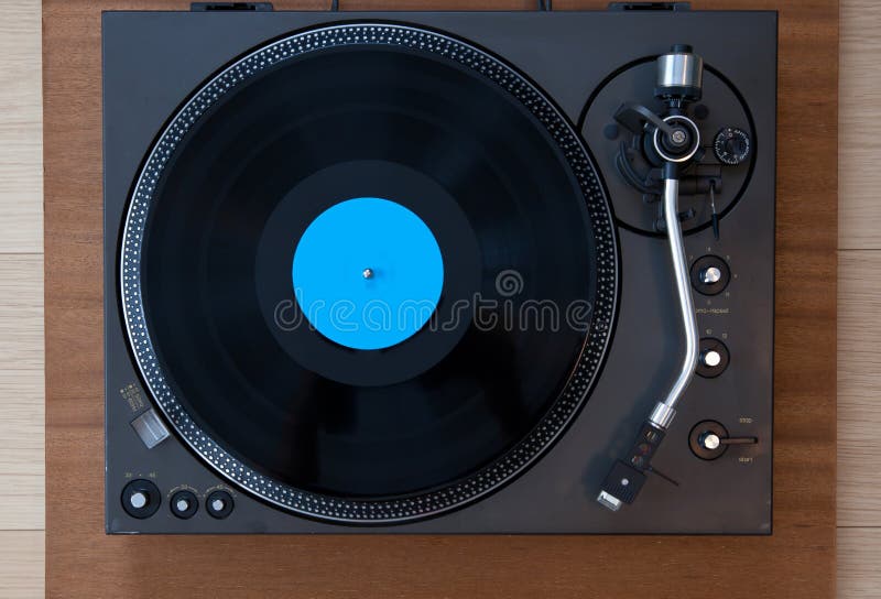 Vintage Record Turntable Player with Black Vinyl Disk Top View. Vintage Record Turntable Player with Black Vinyl Disk Top View