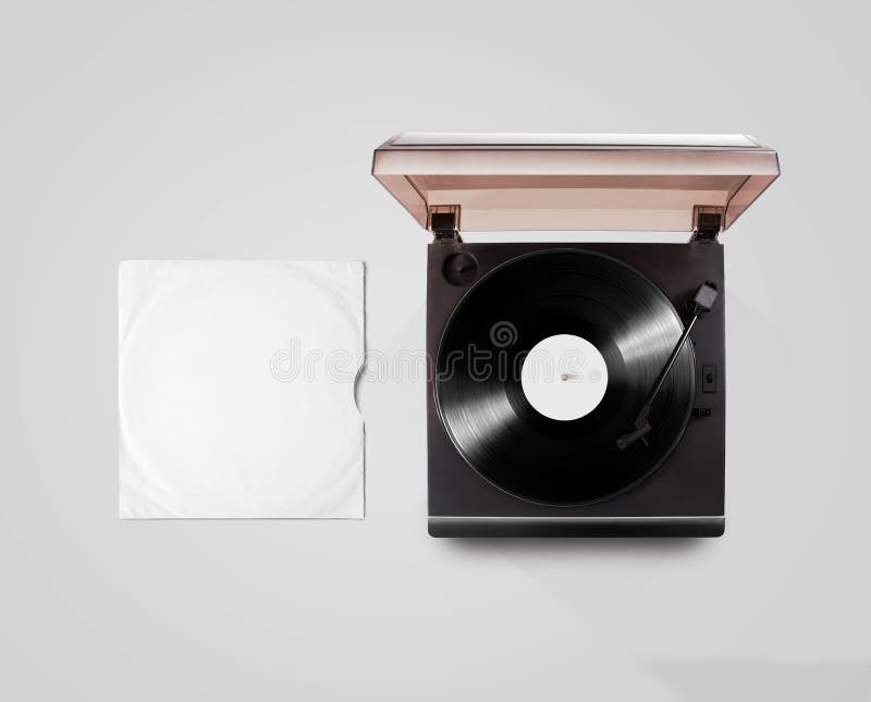 Gramophone vinyl player and record cover sleeve mockup, top view, isolated. Talking machine play blank sound plate mock up. Retro phonograph design from above. Spinning vinyl template audio disc. Gramophone vinyl player and record cover sleeve mockup, top view, isolated. Talking machine play blank sound plate mock up. Retro phonograph design from above. Spinning vinyl template audio disc