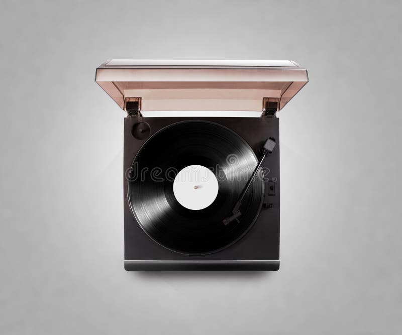 Gramophone vinyl player playing record, top view, , clipping path. Talking machine play blank sound plate mock up. Retro phonograph design from above. Spinning vinyl record template audio disc. Gramophone vinyl player playing record, top view, , clipping path. Talking machine play blank sound plate mock up. Retro phonograph design from above. Spinning vinyl record template audio disc