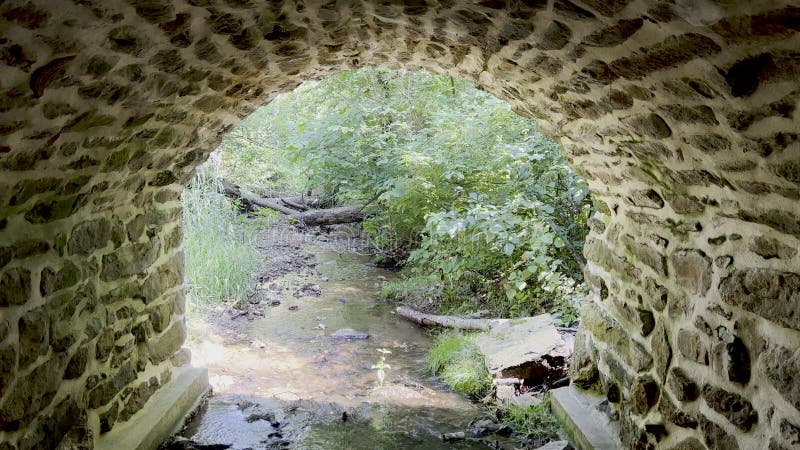 идиллический лесистый поток течет под колониальным американским каменным арочным мостом