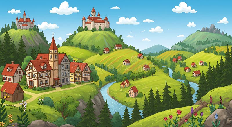 Идиллический мультфильм пейзаж с веревочными зелеными холмами и извилистой рекой иллюстрация штока