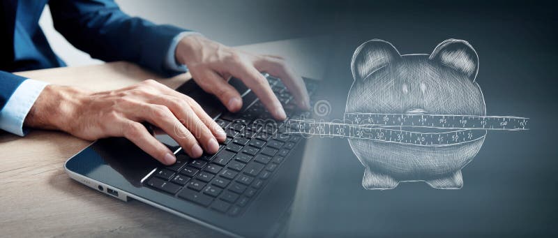 измерительная лента растягивается на копилку. иллюстрация. человек работает с ноутбуком
