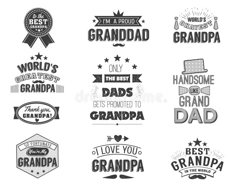 Isolated Grandfathers quotes on the white background. Grandpa congratulation label, badge vector collection. Granddads Mustache, hat, stars elements for your design. Isolated Grandfathers quotes on the white background. Grandpa congratulation label, badge vector collection. Granddads Mustache, hat, stars elements for your design.