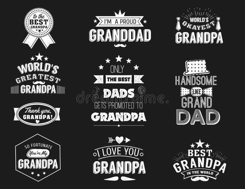 Isolated Grandfathers quotes on the black background. Grandpa congratulation label, badge vector collection. Granddads Mustache, hat, stars elements for your design. Isolated Grandfathers quotes on the black background. Grandpa congratulation label, badge vector collection. Granddads Mustache, hat, stars elements for your design