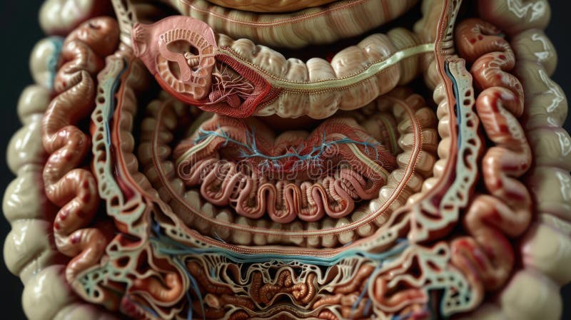 High-res image details intestine parts like duodenum, jejunum, ileum, labeled for textbooks. AI generated. High-res image details intestine parts like duodenum, jejunum, ileum, labeled for textbooks. AI generated