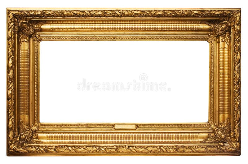 Antique golden picture frame with artistic ornamentation and a small blank textbox. File contains a clipping path. Antique golden picture frame with artistic ornamentation and a small blank textbox. File contains a clipping path.