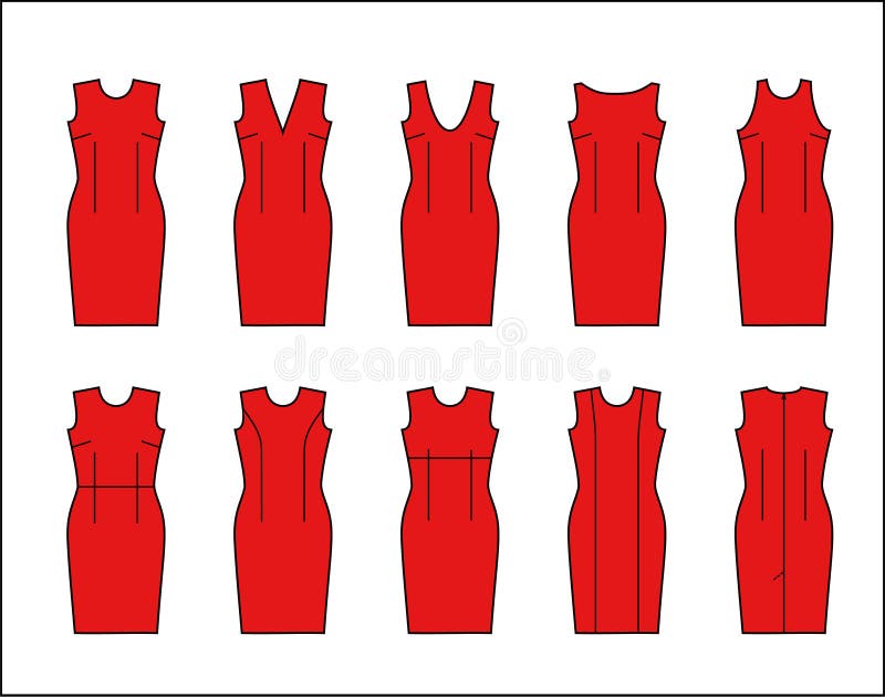 Изображение вектора вводит сразу платья в моду с различными necklines иллюстрация штока Изображение вектора вводит сразу платья в моду с различными necklines иллюстрация штока