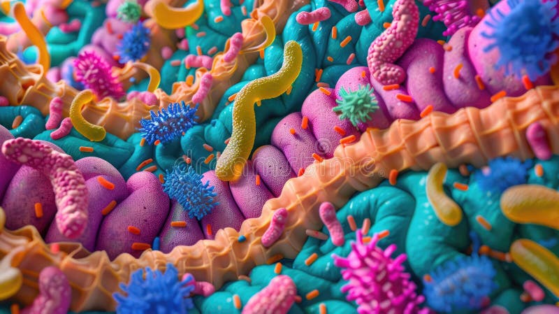 Human intestine depiction with beneficial gut flora interacting with the lining. AI generated. Human intestine depiction with beneficial gut flora interacting with the lining. AI generated