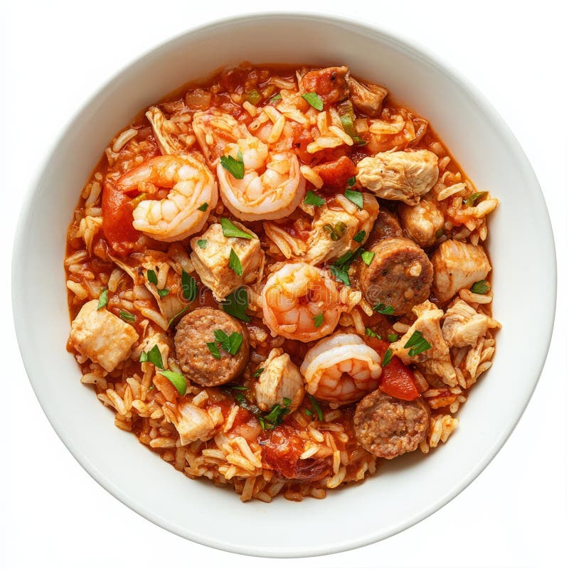Изображение миски пряной джамбалайи с рисовой куриной колбасой и креветками, приготовленными в стоковая фотография