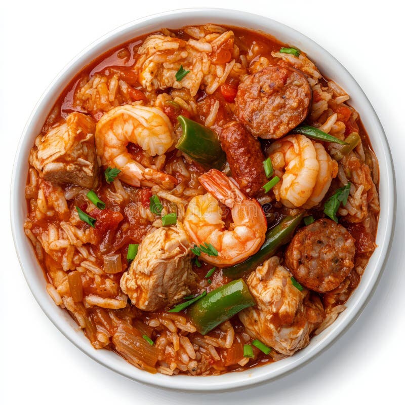 Изображение миски пряной джамбалайи с рисовой куриной колбасой и креветками, приготовленными в стоковое фото rf