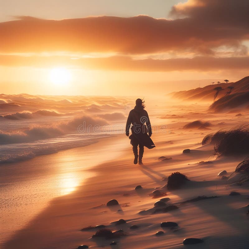 изображение пляжного комбера, спускающегося на закате с волнами ...