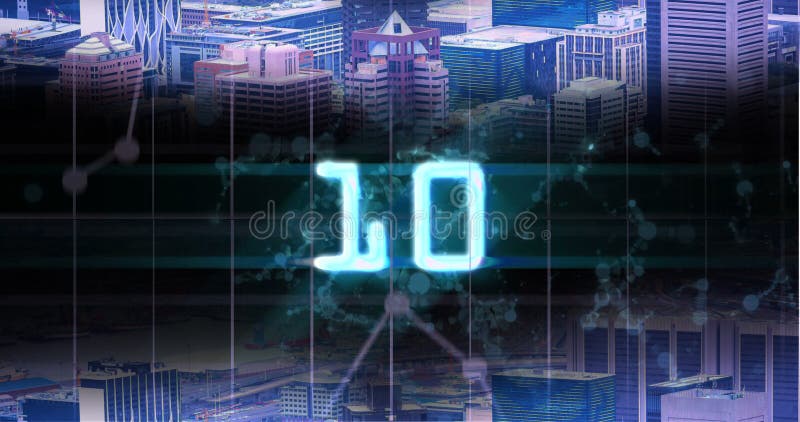 изображение светящегося синего цифрового числа 10 в отсчёте на фоне cityscape иллюстрация вектора