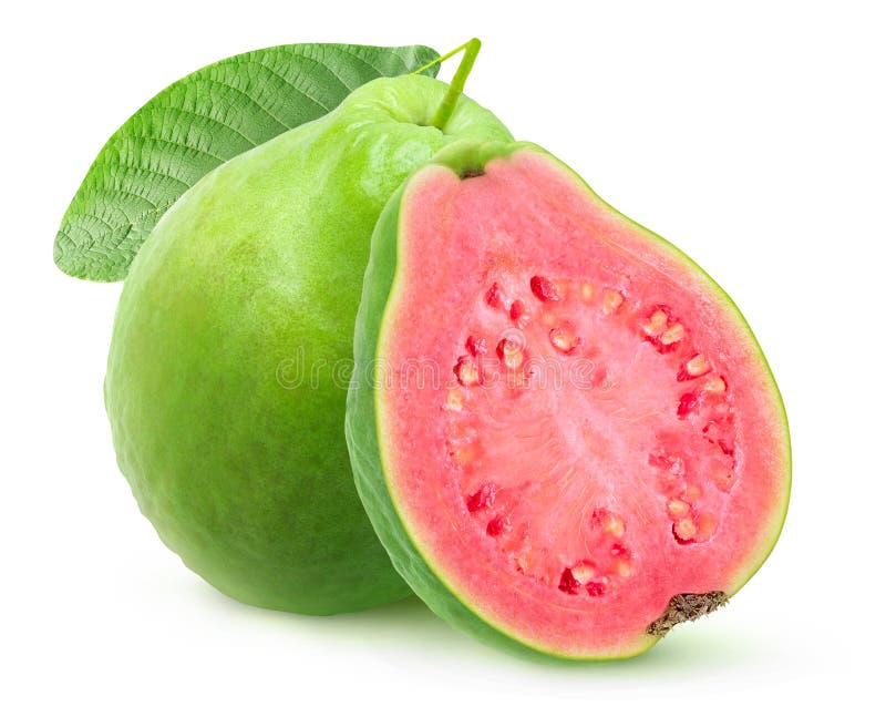 Isolated green guava with pink flesh. One whole fruit and a half isolated on white background with clipping path. Isolated green guava with pink flesh. One whole fruit and a half isolated on white background with clipping path