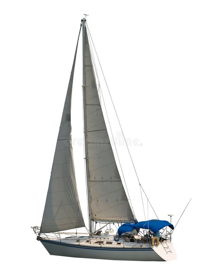 Sailboat under full sail with blue canopy isolated against a white background. Clipping path included. All rigging and metalwork has been preserved. Sailboat under full sail with blue canopy isolated against a white background. Clipping path included. All rigging and metalwork has been preserved.