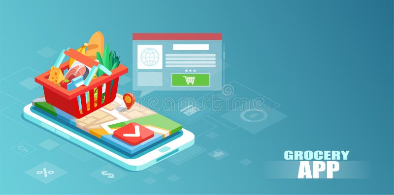 Изометрический вектор полной корзины с овощами и едой на смартфоне иллюстрация штока Изометрический вектор полной корзины с овощами и едой на смартфоне иллюстрация штока
