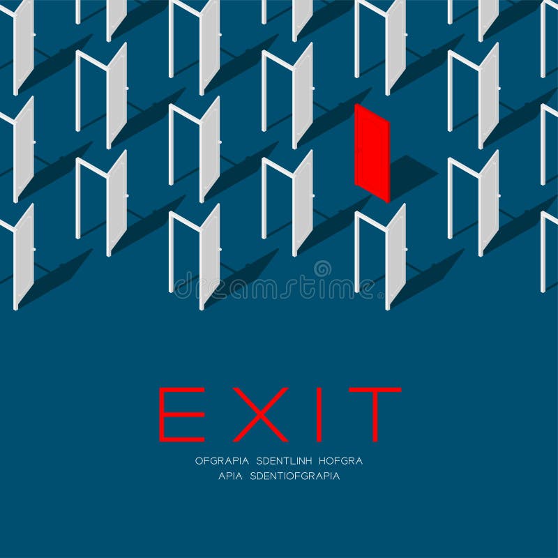 Изометрический рисунок 3D двери, концептуальный плакат Exit и иллюстрация социального баннера post square, изолированная на синем иллюстрация штока Изометрический рисунок 3D двери, концептуальный плакат Exit и иллюстрация социального баннера post square, изолированная на синем иллюстрация штока