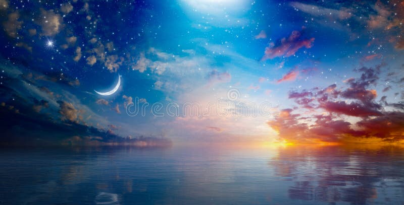 Amazing surreal background - crescent moon rising above serene sea in sunset sky, glowing horizon and bright stars. Elements of this image furnished by NASA. Amazing surreal background - crescent moon rising above serene sea in sunset sky, glowing horizon and bright stars. Elements of this image furnished by NASA