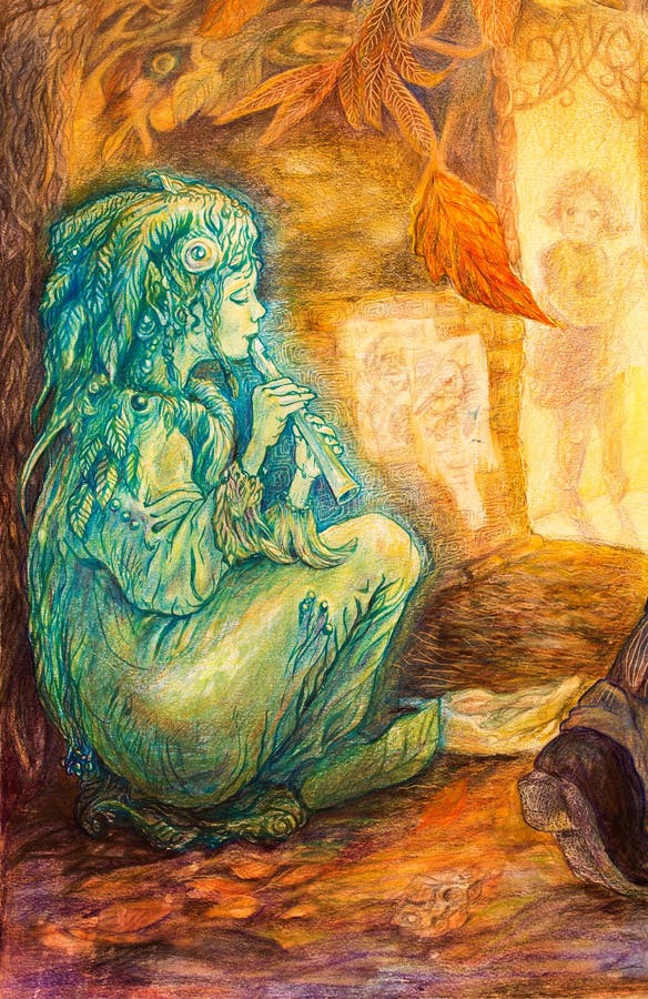 Изумрудно-зеленая fairy играя каннелюра на улице на последний день осени иллюстрация штока Изумрудно-зеленая fairy играя каннелюра на улице на последний день осени иллюстрация штока