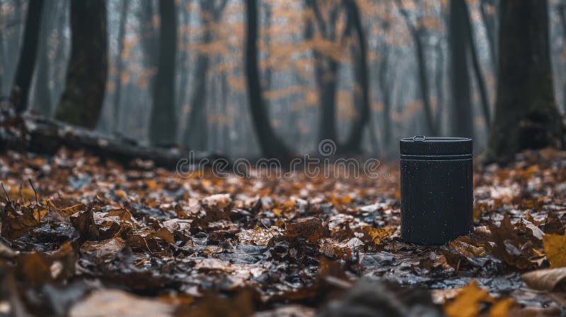 изучение водяной столовой в натуре и сворачиваемой чаши среди осенних листьев в лесной обстановке иллюстрация штока