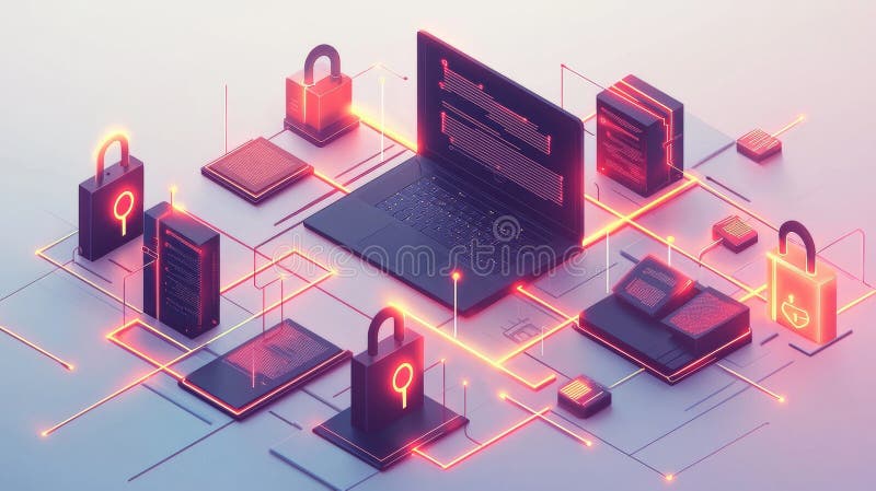 изучение концепции безопасной цифровой крепости с помощью инновационных технологий и роли ноутбука, излучающего красный свет бесплатная иллюстрация